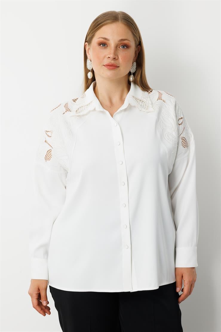 Modailgi  Nakış Detaylı Oversize Gömlek Ekru