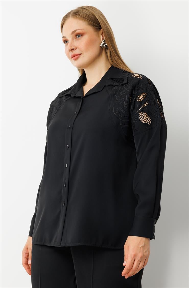 Modailgi  Nakış Detaylı Oversize Gömlek Siyah