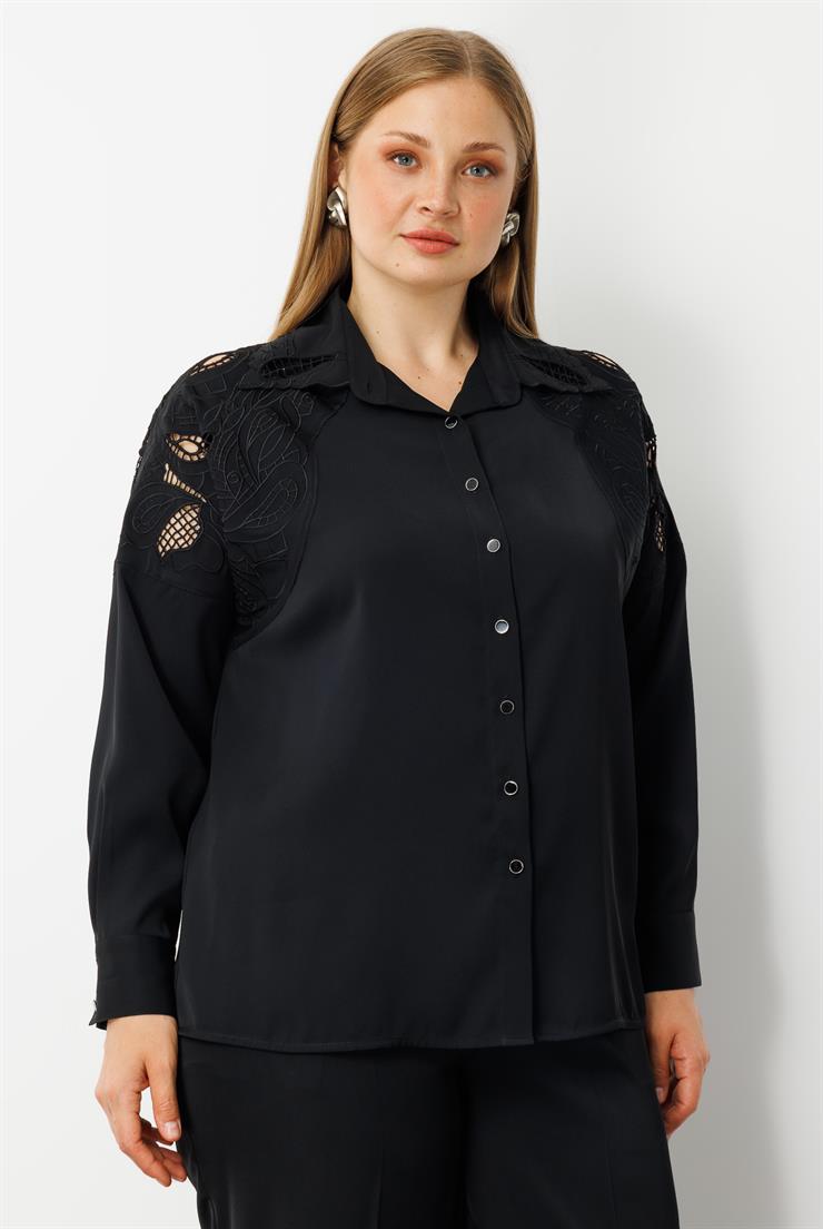 Modailgi  Nakış Detaylı Oversize Gömlek Siyah