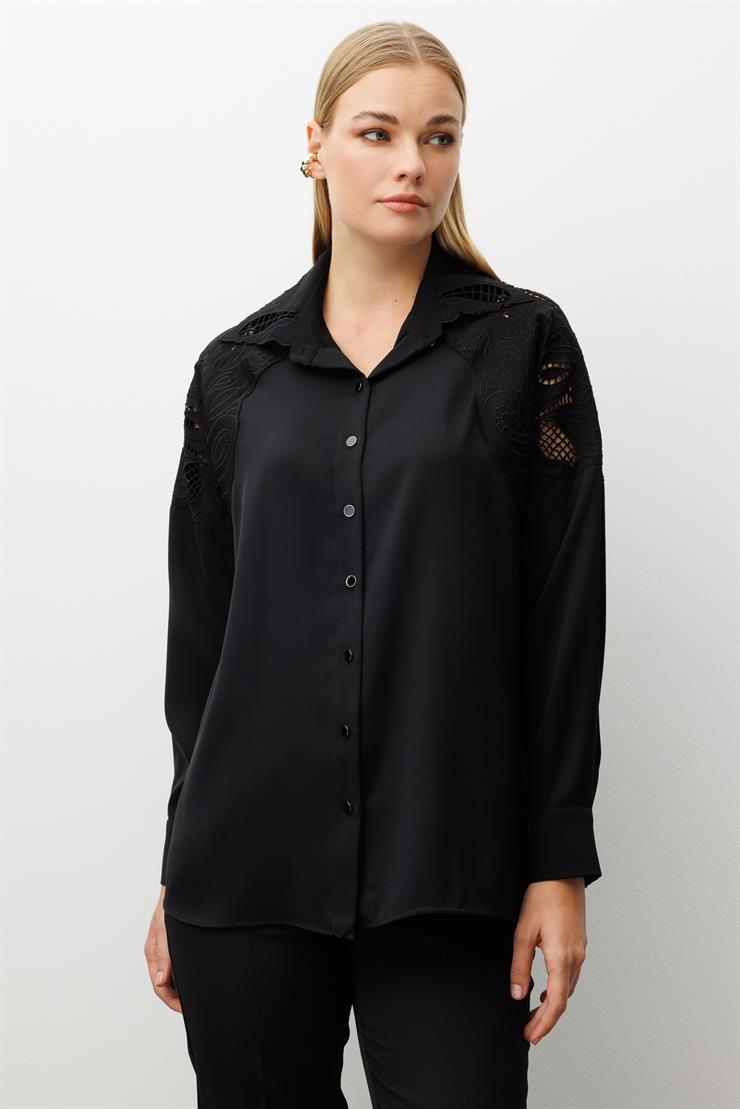 Modailgi  Nakış Detaylı Oversize Gömlek Siyah