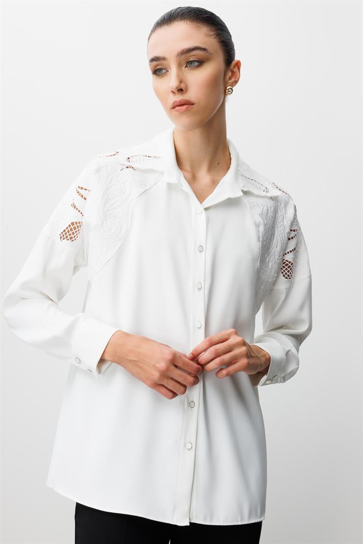 Modailgi  Nakış Detaylı Oversize Gömlek Ekru