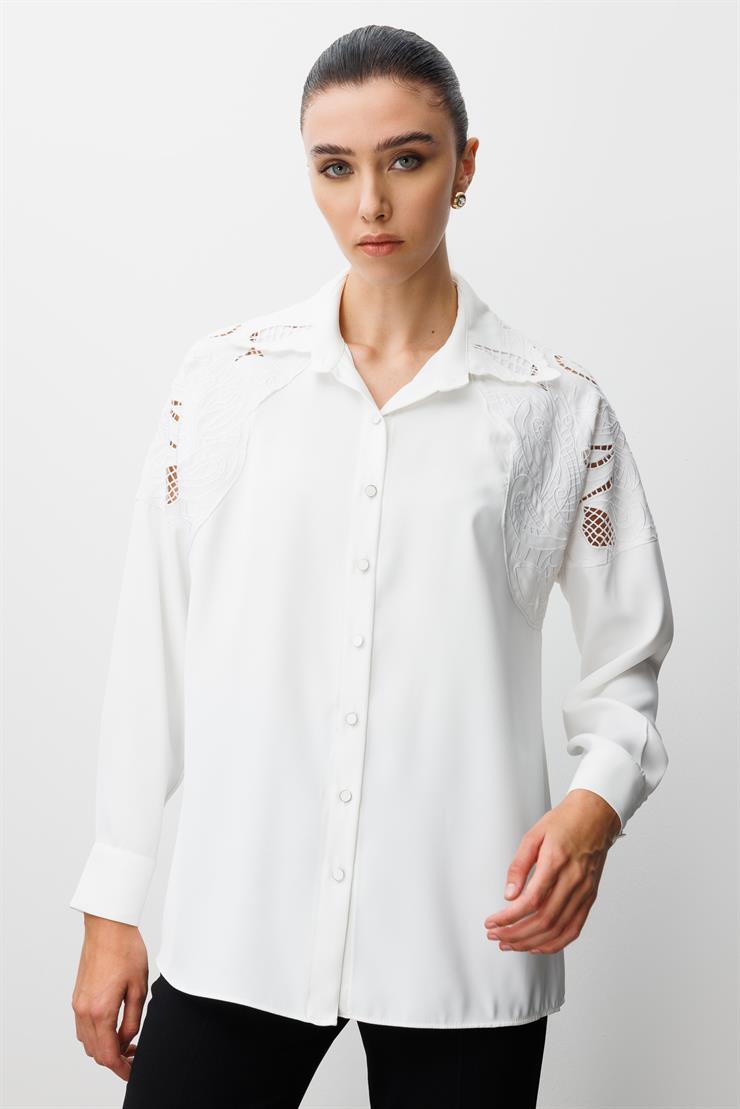 Modailgi  Nakış Detaylı Oversize Gömlek Ekru