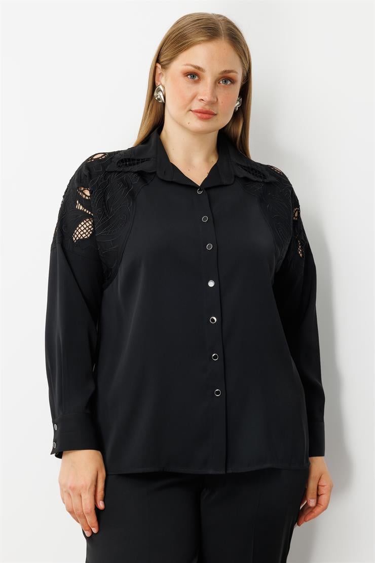Modailgi  Nakış Detaylı Oversize Gömlek Siyah