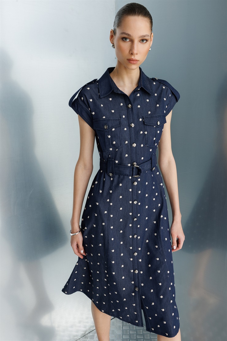 Modailgi Nakış Puan Desenli Denim Midi Boy Elbise