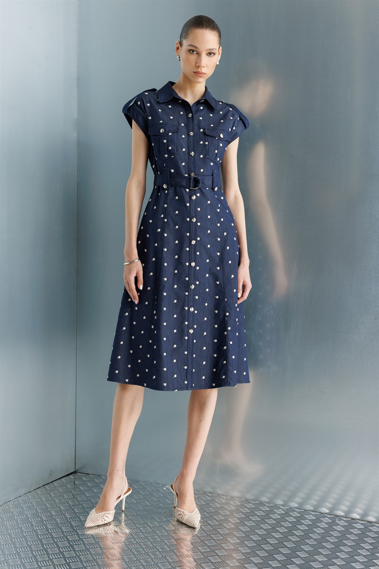 Modailgi Nakış Puan Desenli Denim Midi Boy Elbise