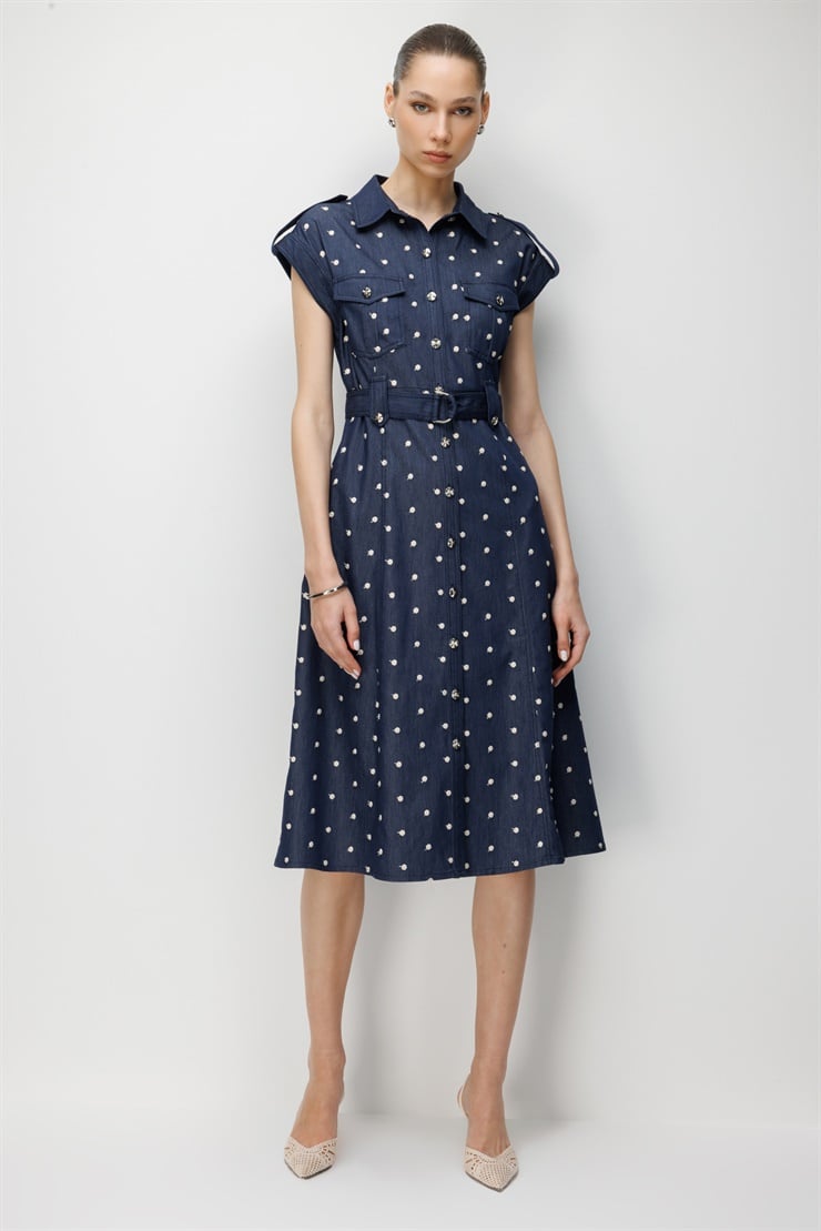 Modailgi Nakış Puan Desenli Denim Midi Boy Elbise