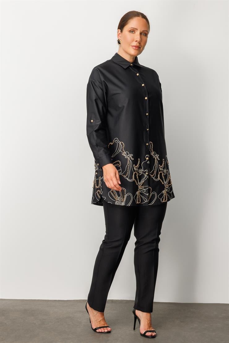 Modailgi  Nakış ve İnci Detaylı Rahat Kesim Gömlek Siyah