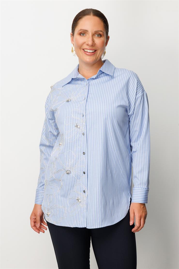 Modailgi  Nakış ve İnci Detaylı Rahat Kesim Çizgili Gömlek Mavi