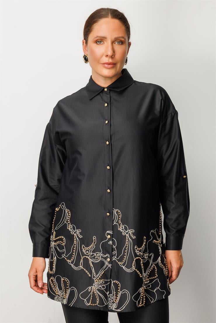 Modailgi  Nakış ve İnci Detaylı Rahat Kesim Gömlek Siyah