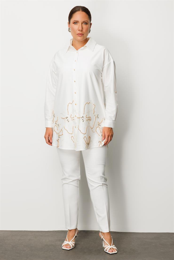 Modailgi  Nakış ve İnci Detaylı Rahat Kesim Gömlek Ekru