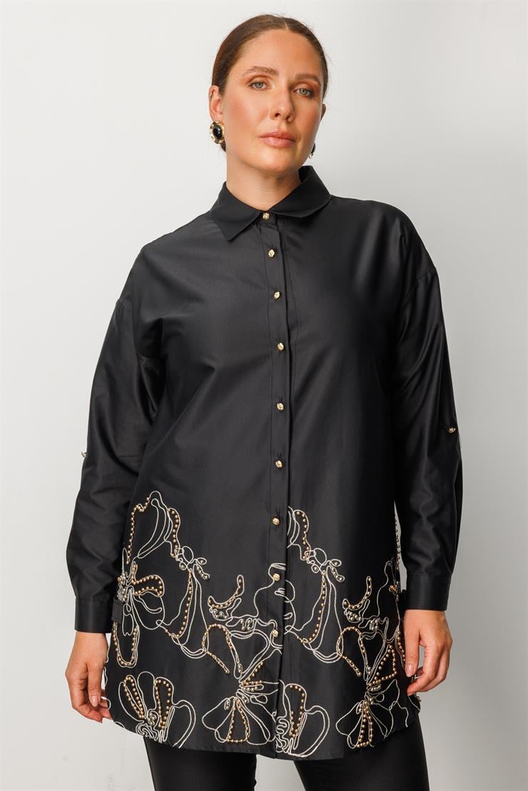 Modailgi  Nakış ve İnci Detaylı Rahat Kesim Gömlek Siyah