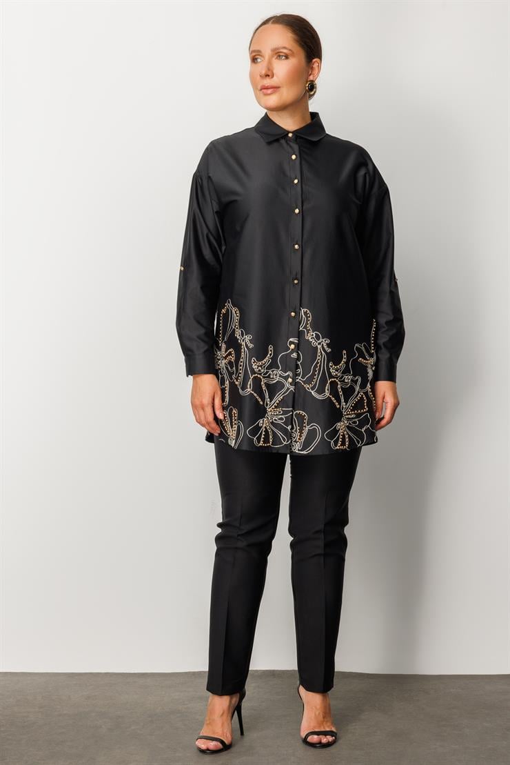 Modailgi  Nakış ve İnci Detaylı Rahat Kesim Gömlek Siyah