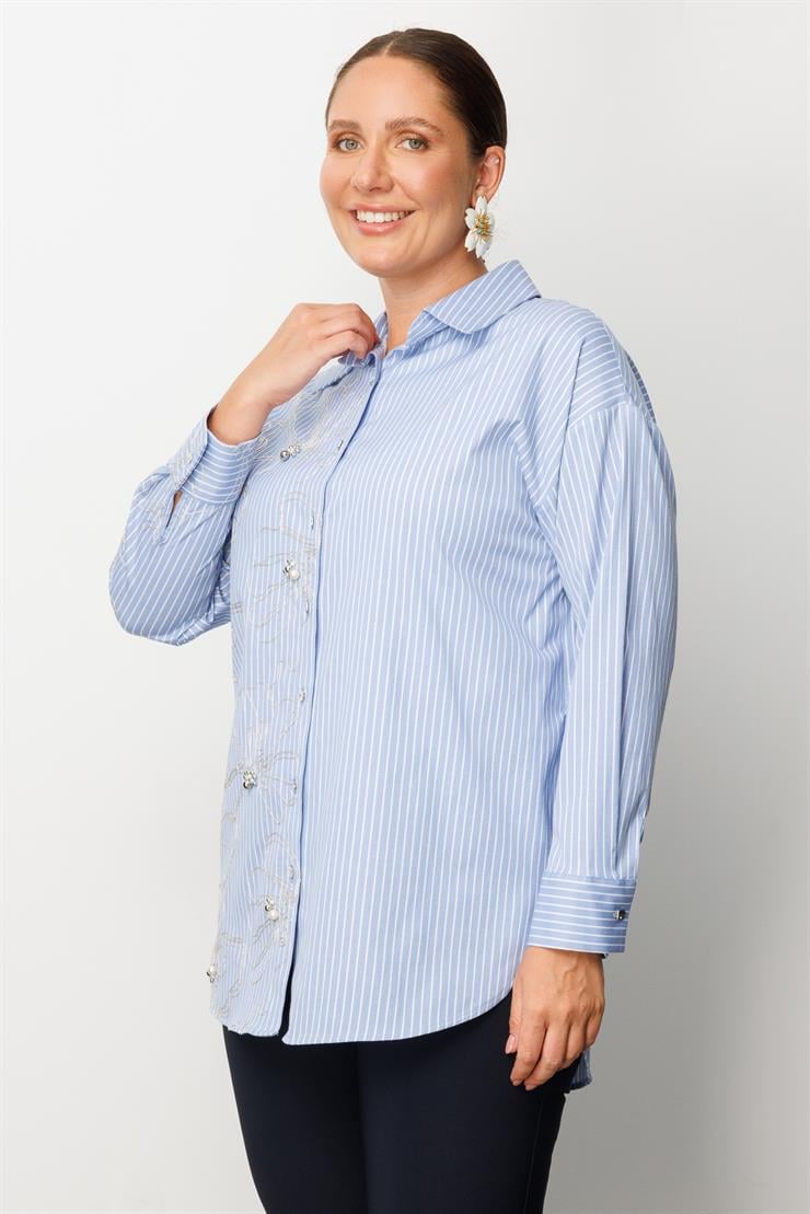 Modailgi  Nakış ve İnci Detaylı Rahat Kesim Çizgili Gömlek Mavi