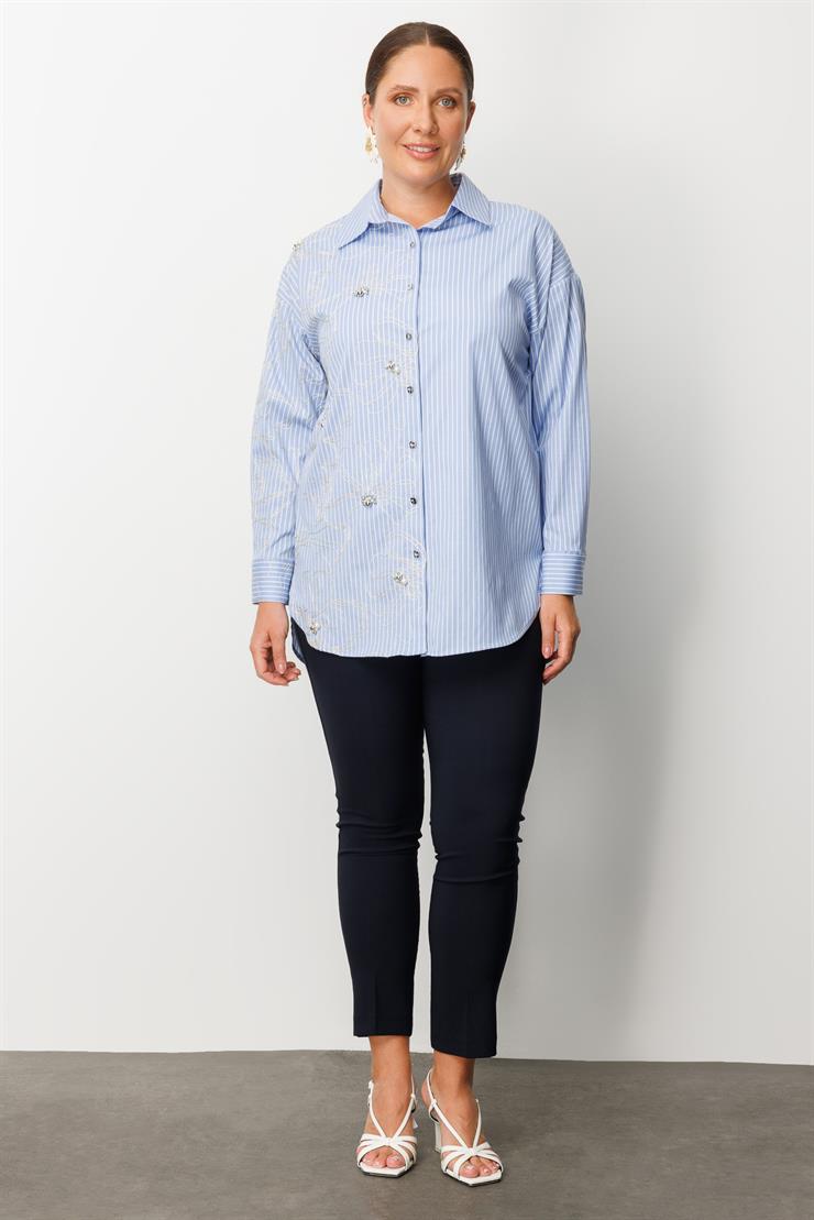 Modailgi  Nakış ve İnci Detaylı Rahat Kesim Çizgili Gömlek Mavi