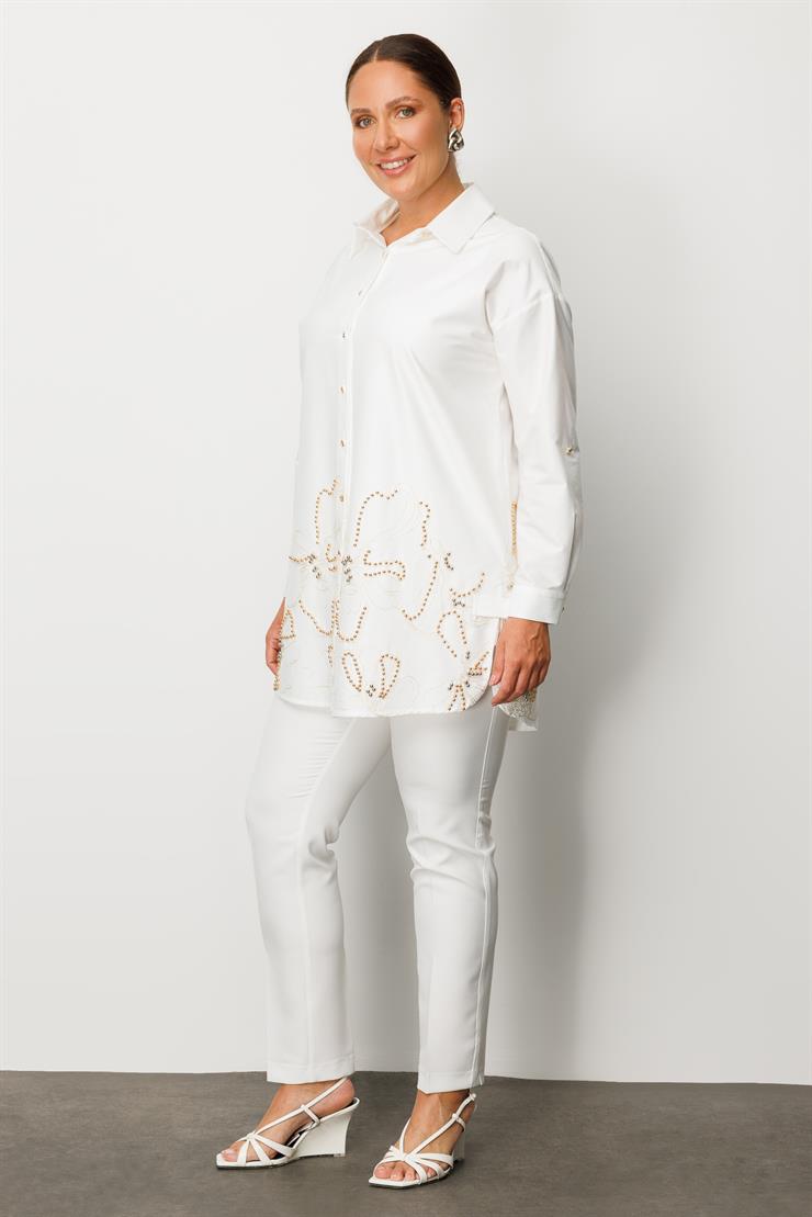 Modailgi  Nakış ve İnci Detaylı Rahat Kesim Gömlek Ekru
