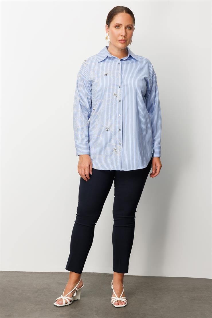 Modailgi  Nakış ve İnci Detaylı Rahat Kesim Çizgili Gömlek Mavi