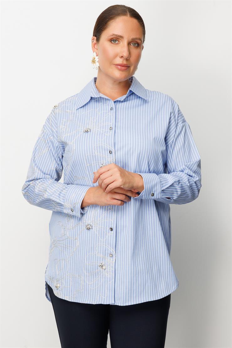 Modailgi  Nakış ve İnci Detaylı Rahat Kesim Çizgili Gömlek Mavi