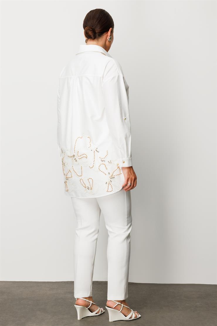 Modailgi  Nakış ve İnci Detaylı Rahat Kesim Gömlek Ekru