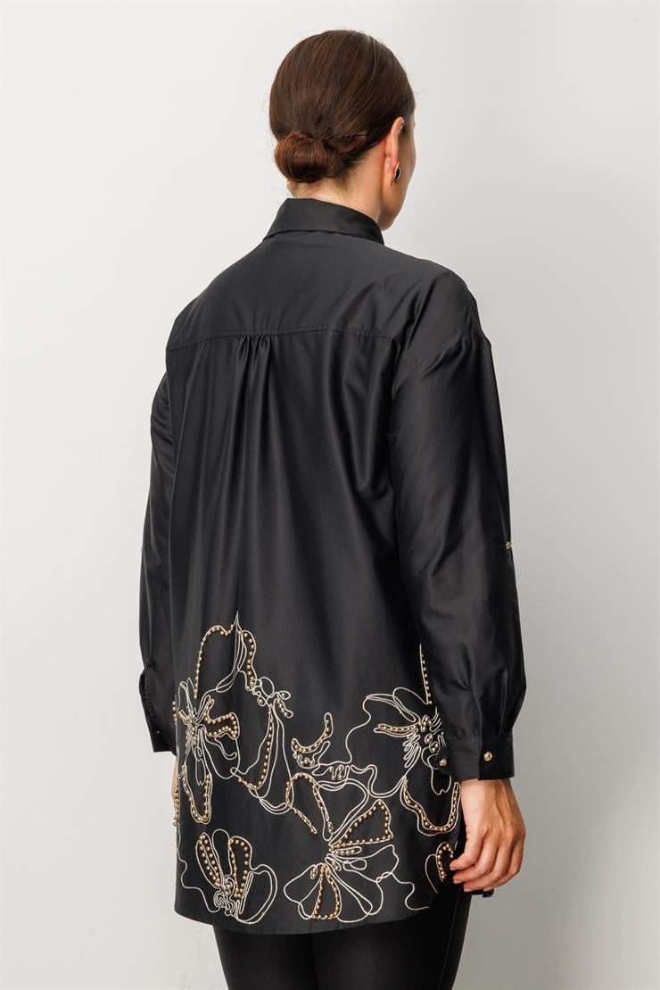 Modailgi  Nakış ve İnci Detaylı Rahat Kesim Gömlek Siyah