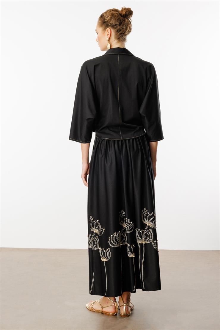 Modailgi  Nakış ve İnci İşlemeli Yandan Cepli Etek Siyah