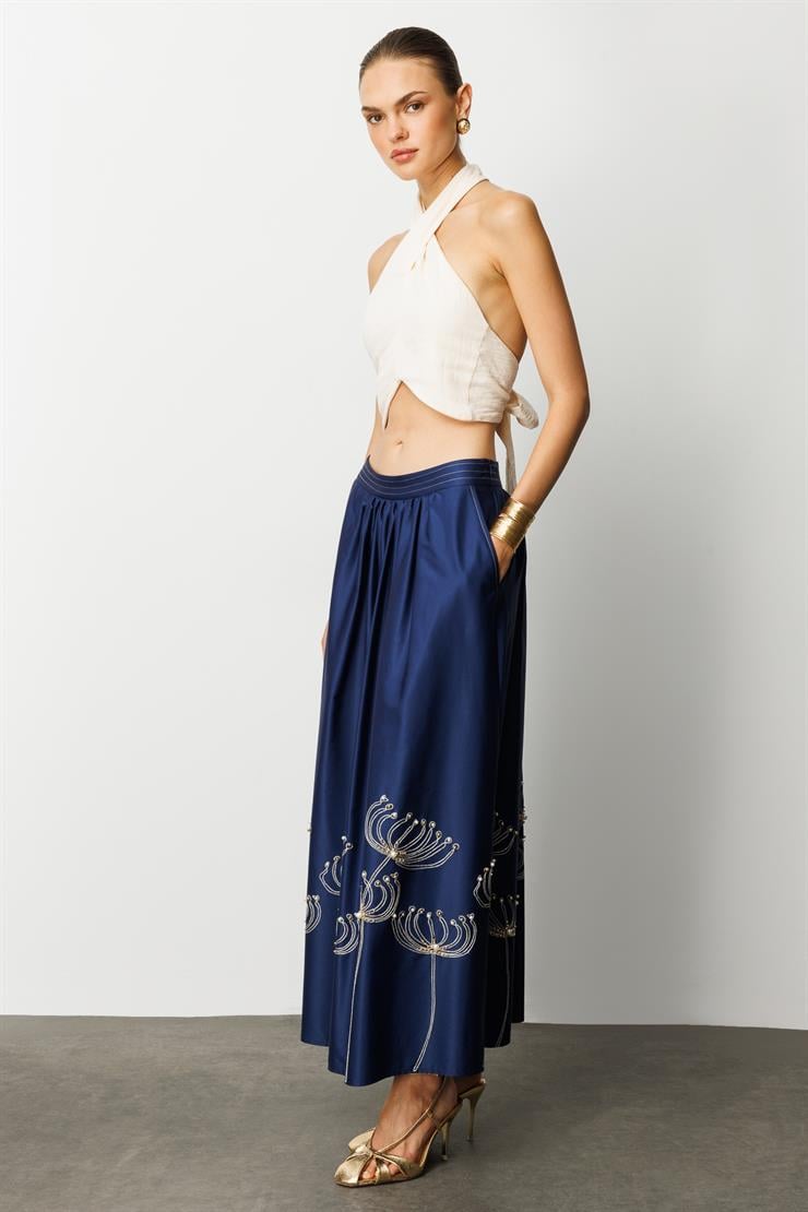 Modailgi  Nakış ve İnci İşlemeli Yandan Cepli Etek Lacivert