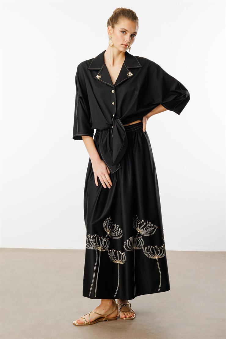 Modailgi  Nakış ve İnci İşlemeli Yandan Cepli Etek Siyah