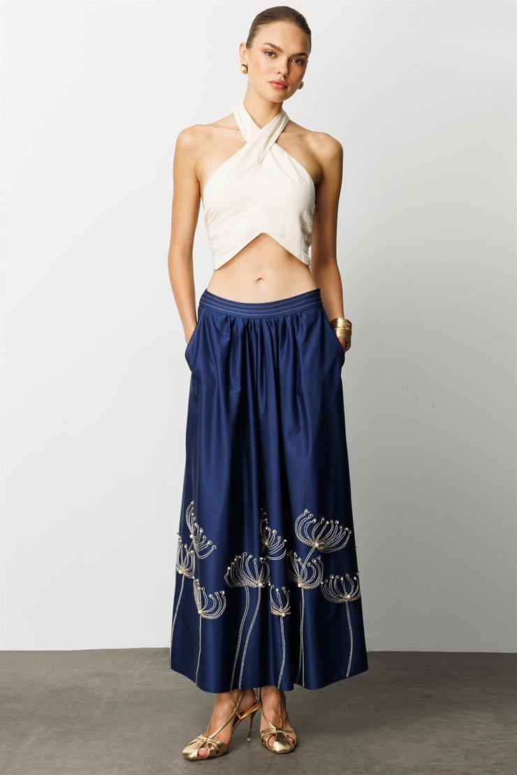 Modailgi  Nakış ve İnci İşlemeli Yandan Cepli Etek Lacivert