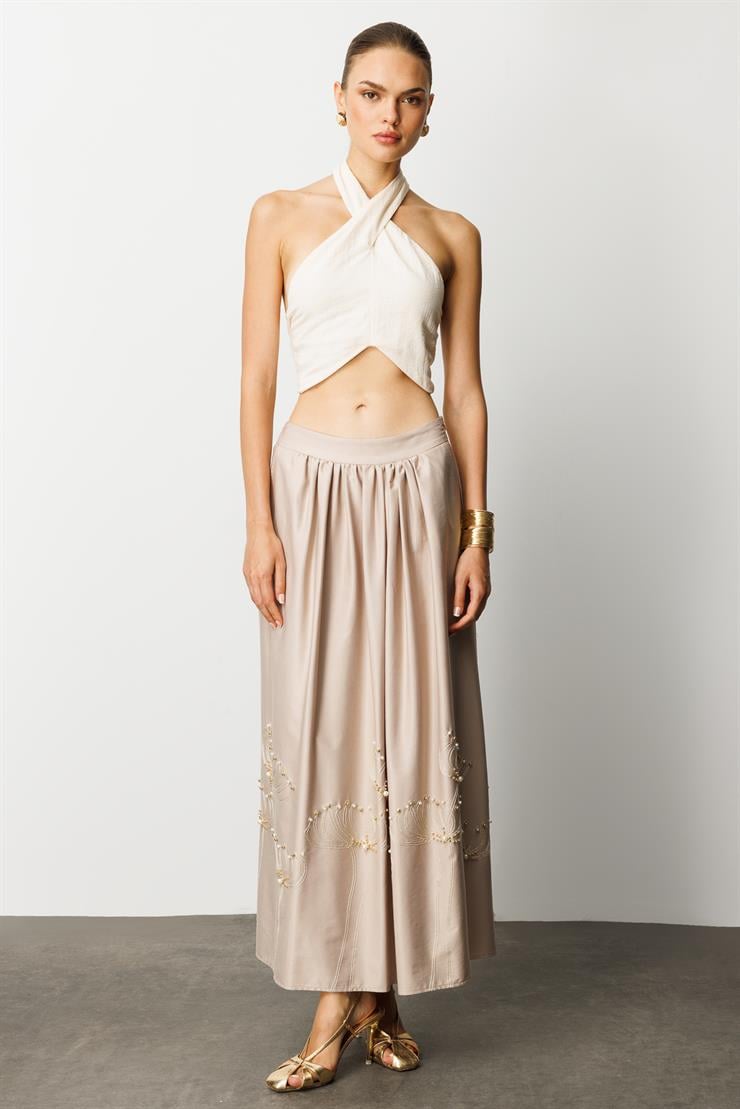 Modailgi  Nakış ve İnci İşlemeli Yandan Cepli Etek Taş