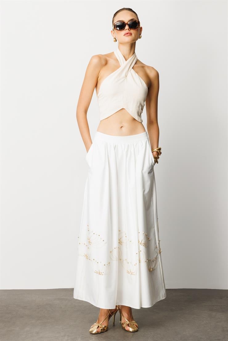 Modailgi  Nakış ve İnci İşlemeli Yandan Cepli Etek Ekru