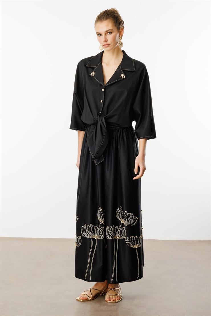 Modailgi  Nakış ve İnci İşlemeli Yandan Cepli Etek Siyah