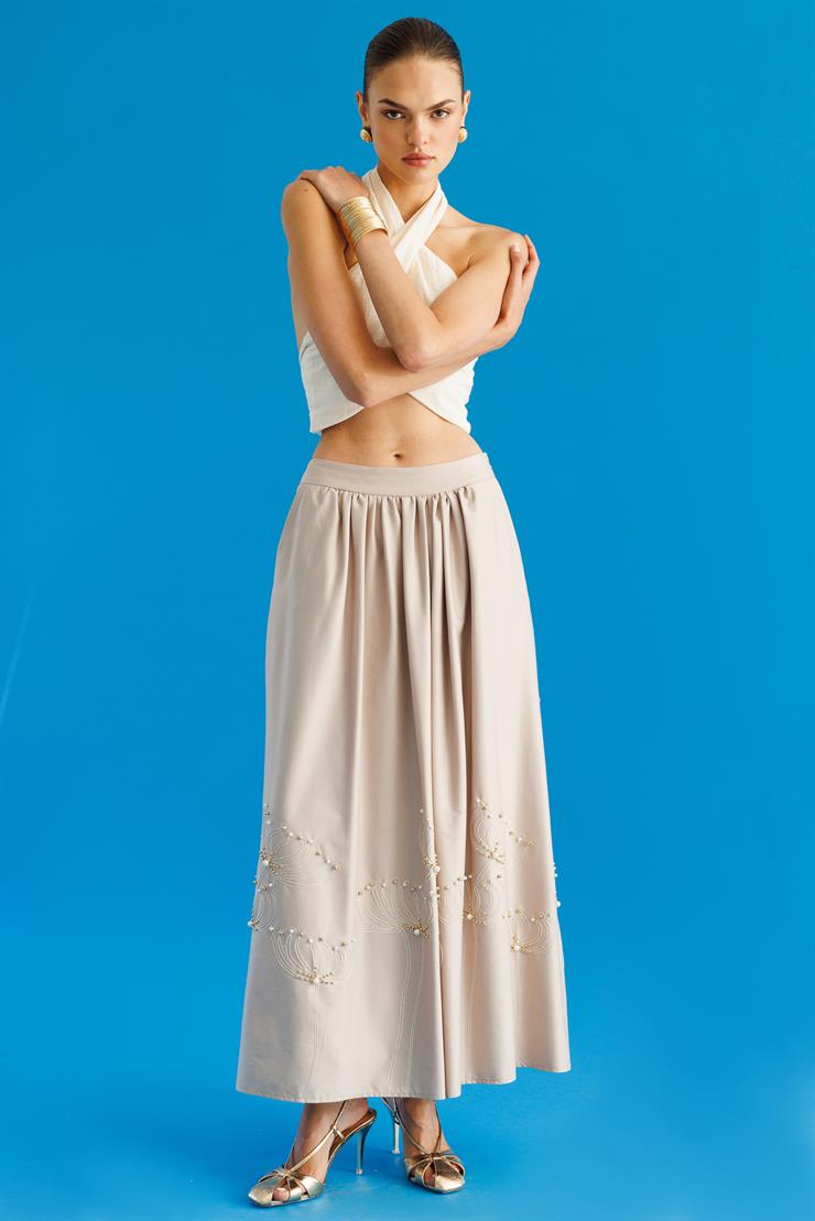 Modailgi  Nakış ve İnci İşlemeli Yandan Cepli Etek Taş