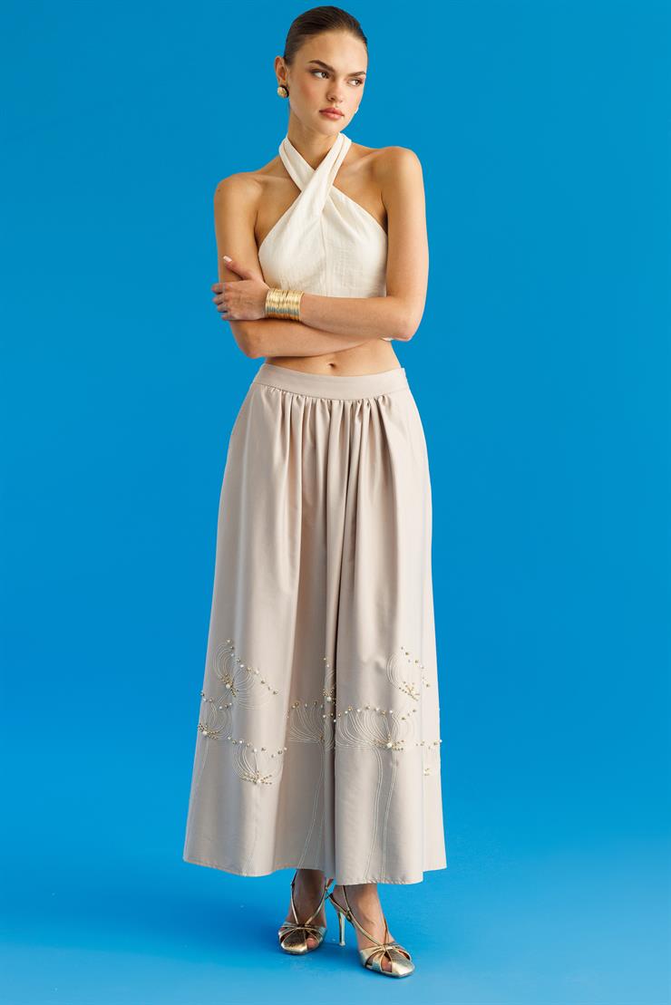 Modailgi  Nakış ve İnci İşlemeli Yandan Cepli Etek Taş