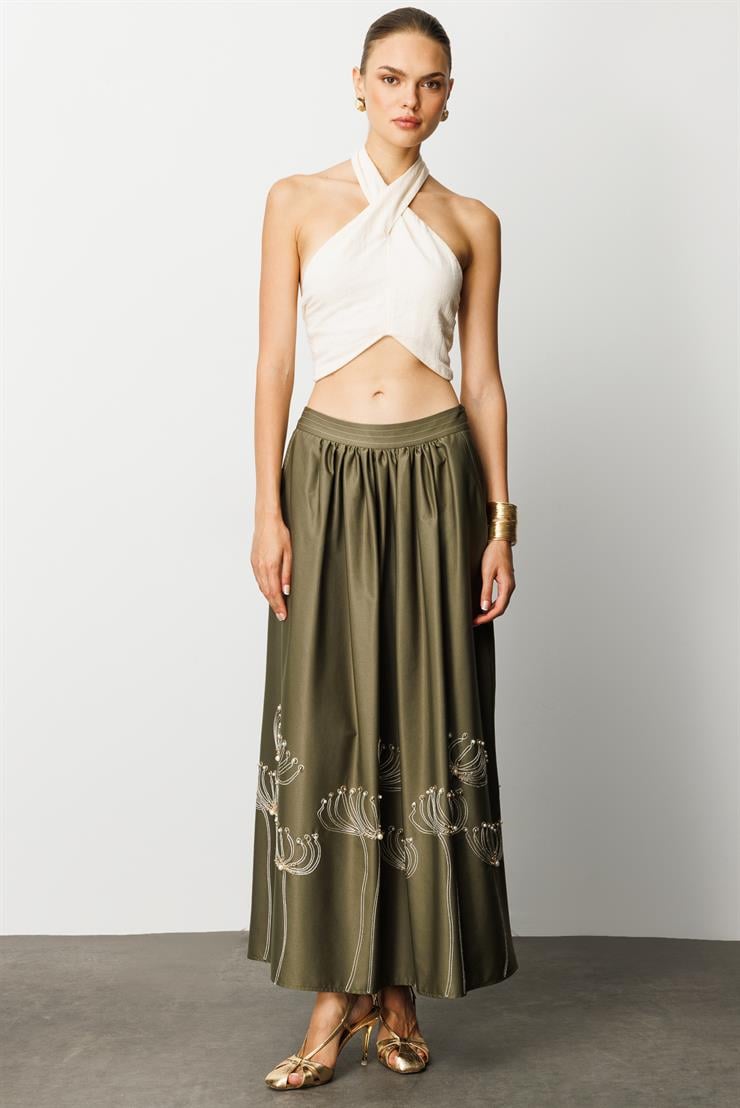 Modailgi  Nakış ve İnci İşlemeli Yandan Cepli Etek Haki