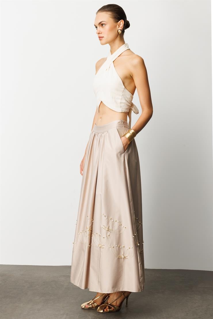 Modailgi  Nakış ve İnci İşlemeli Yandan Cepli Etek Taş