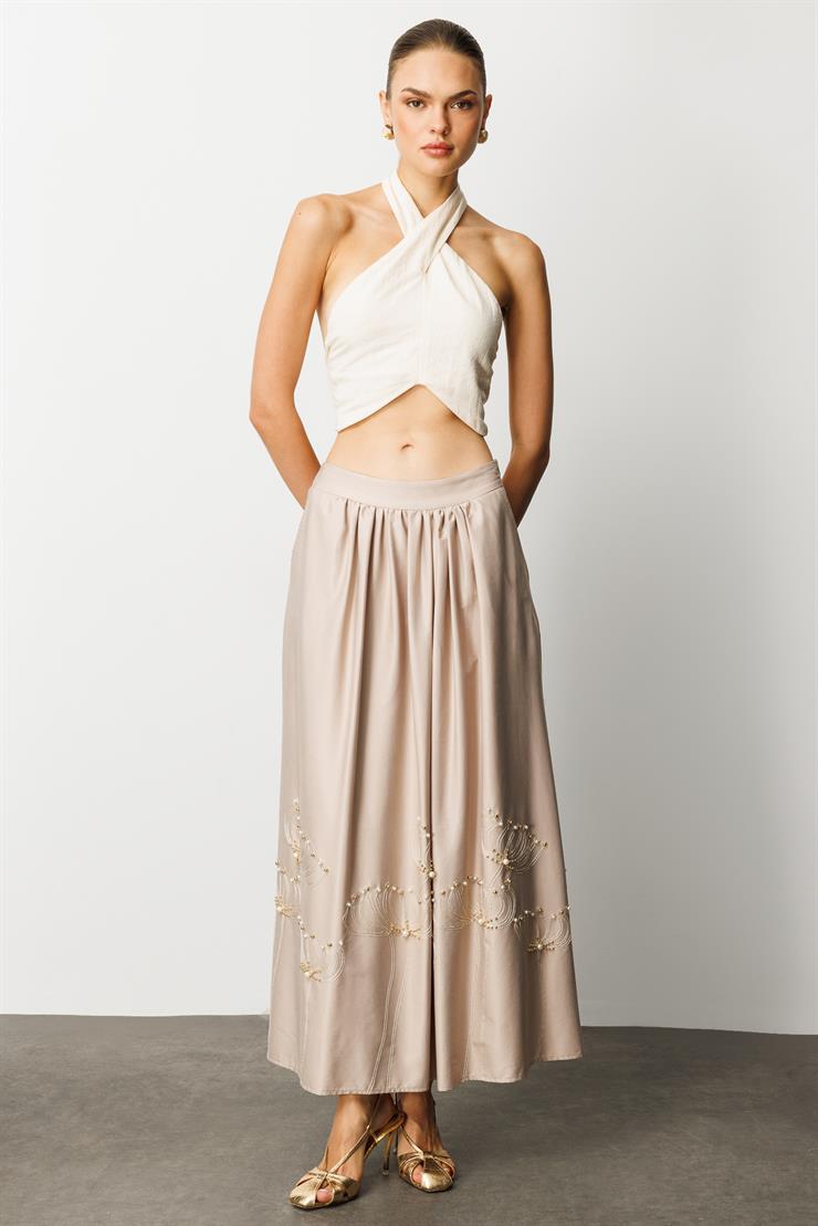 Modailgi  Nakış ve İnci İşlemeli Yandan Cepli Etek Taş