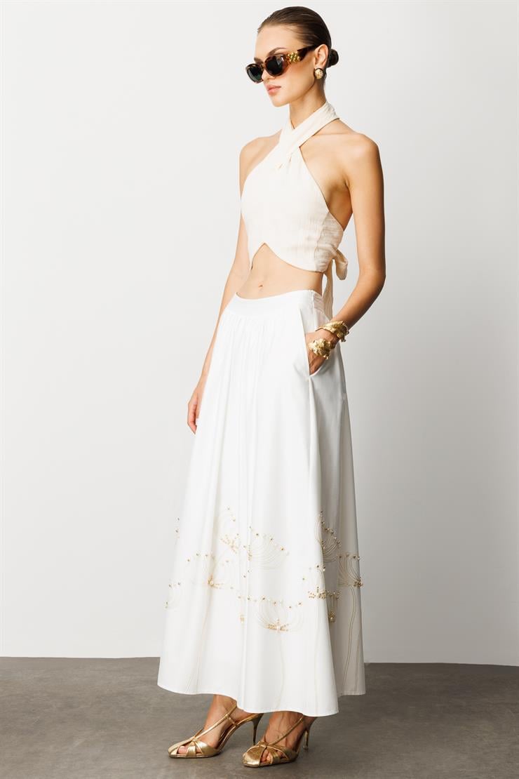 Modailgi  Nakış ve İnci İşlemeli Yandan Cepli Etek Ekru