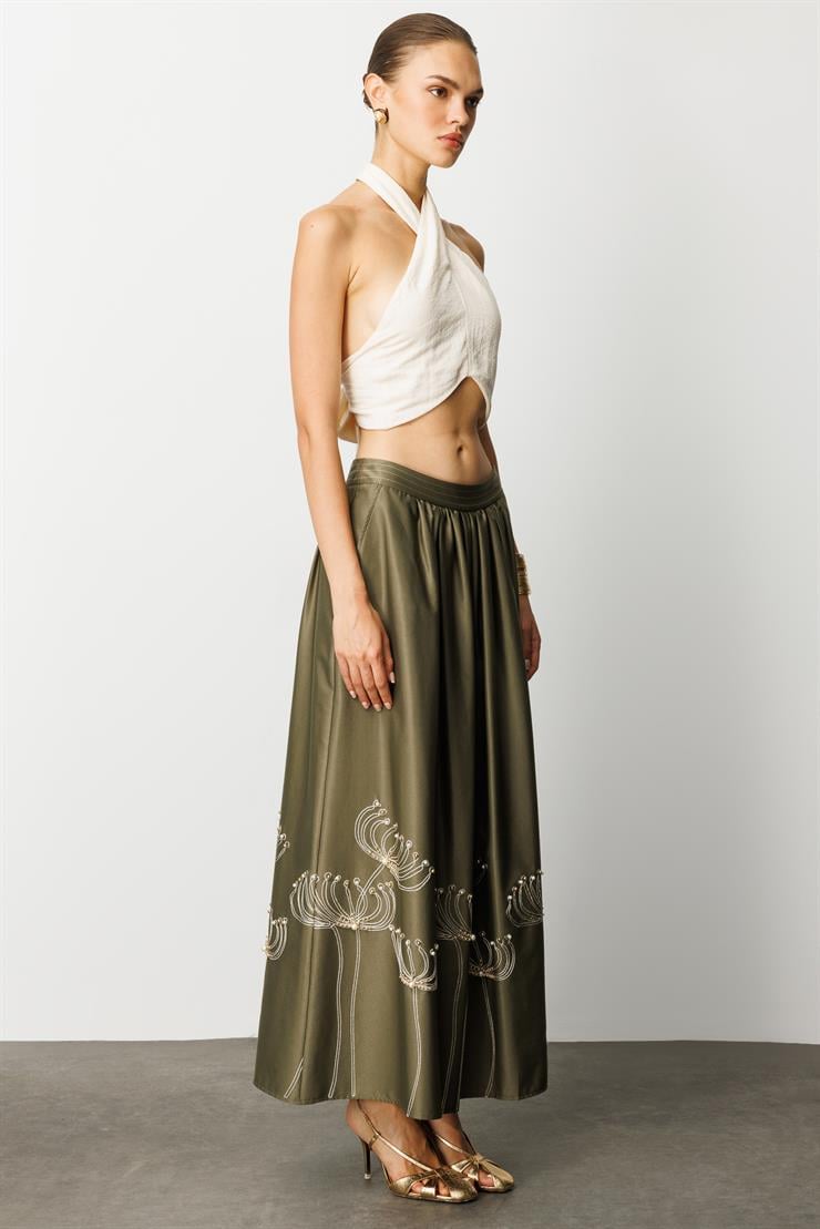 Modailgi  Nakış ve İnci İşlemeli Yandan Cepli Etek Haki