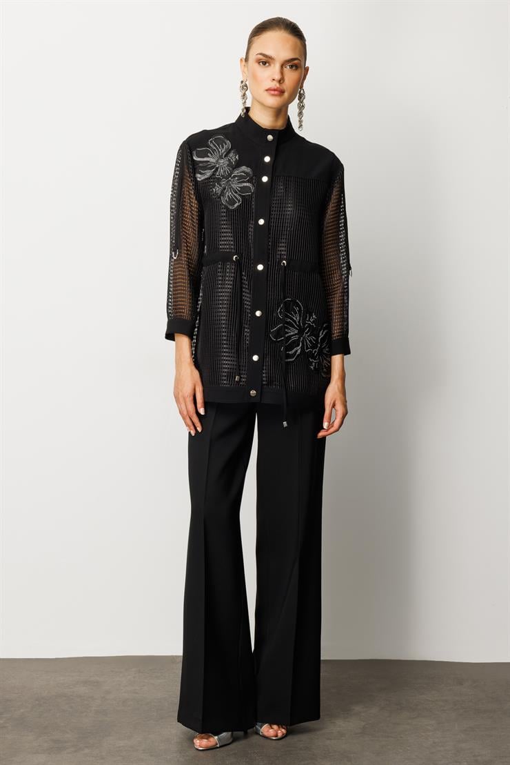 Modailgi  Nakışlı Beli Büzgülü File Detaylı İkili Takım Siyah