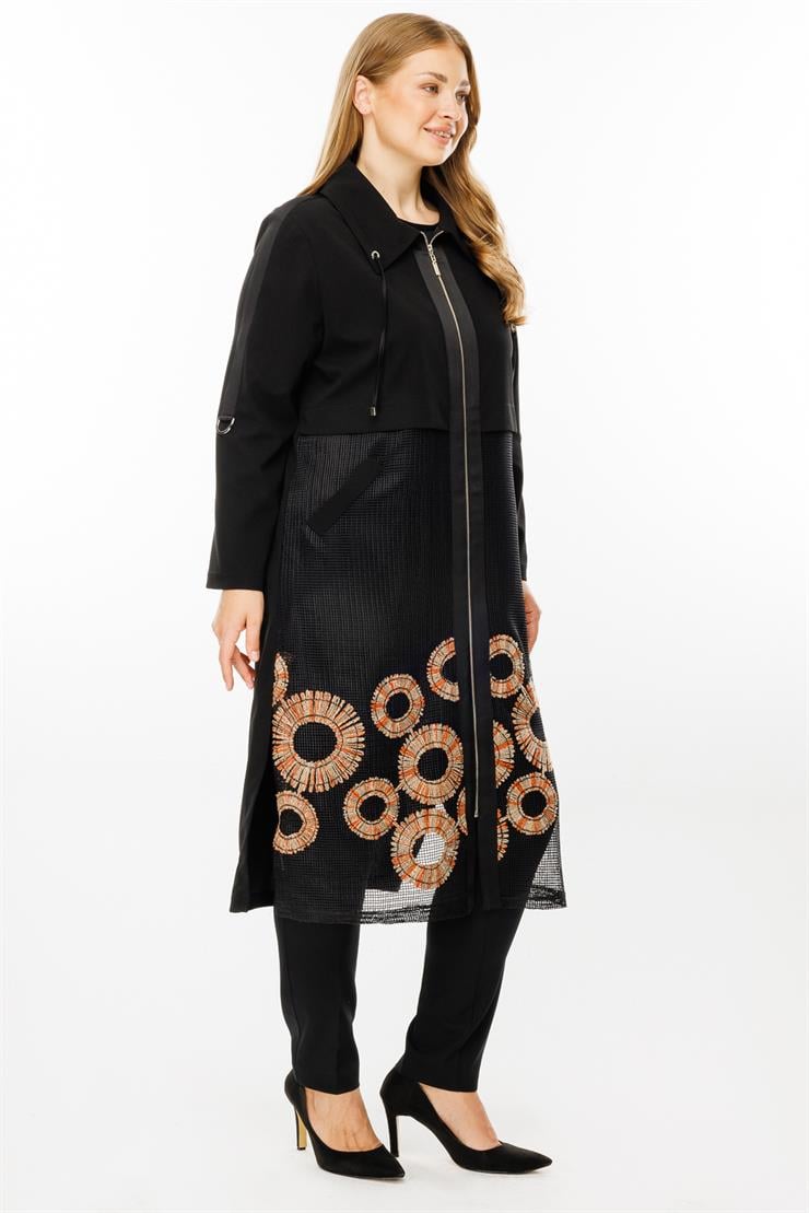 Modailgi  Nakışlı File Detaylı Uzun Kap Siyah
