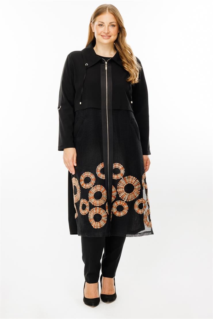 Modailgi  Nakışlı File Detaylı Uzun Kap Siyah