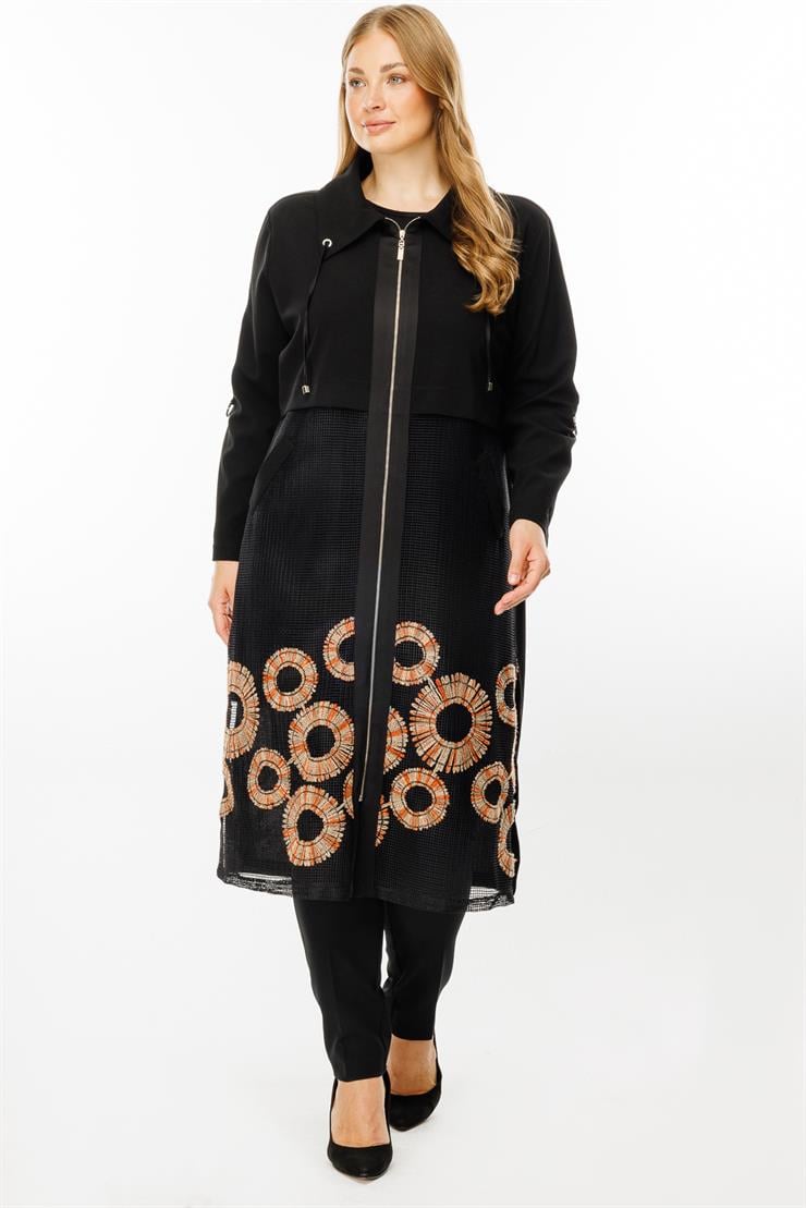 Modailgi  Nakışlı File Detaylı Uzun Kap Siyah