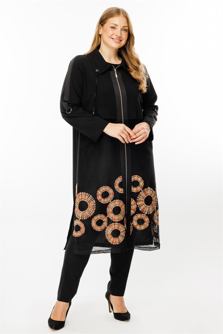 Modailgi  Nakışlı File Detaylı Uzun Kap Siyah