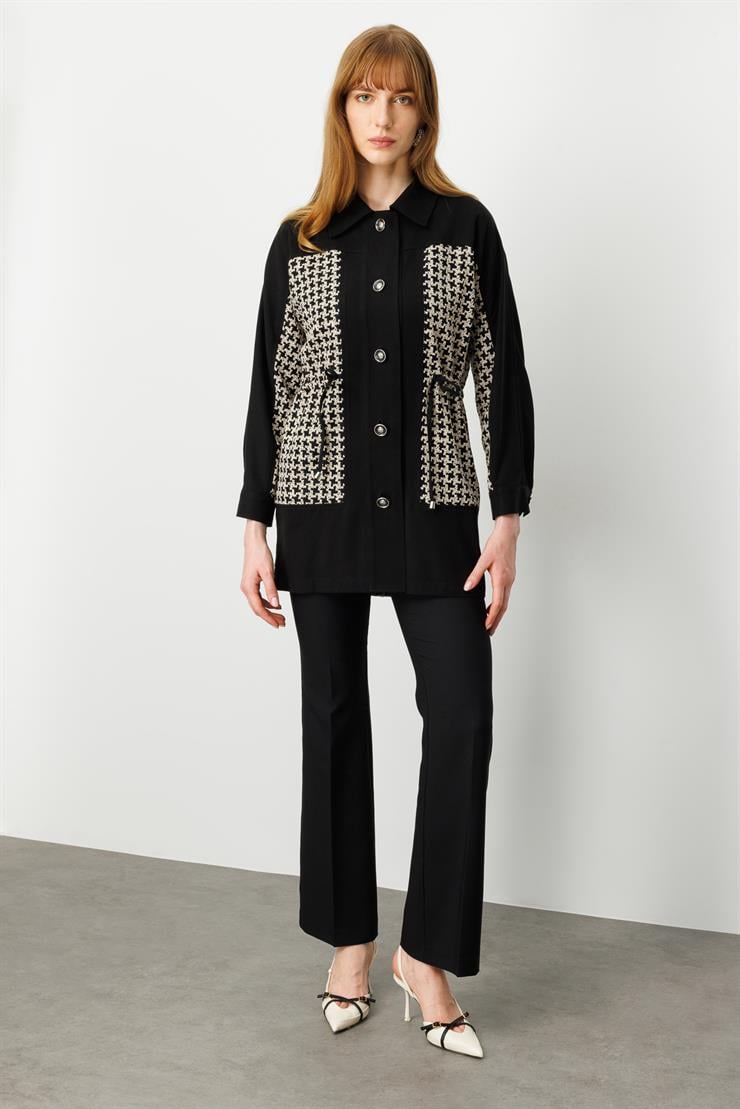 Modailgi  Nakışlı Kumaş İle Garni Detaylı Belde Tünel Bağcıklı Bedeni Kesikli Tunik Kap Siyah