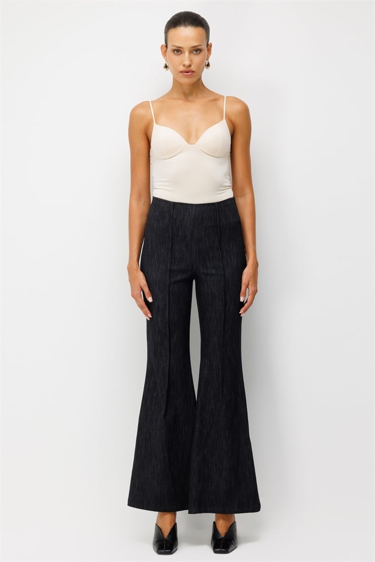 Modailgi  Nervür Detaylı Denim İspanyol Paça Pantolon - 71036 Siyah