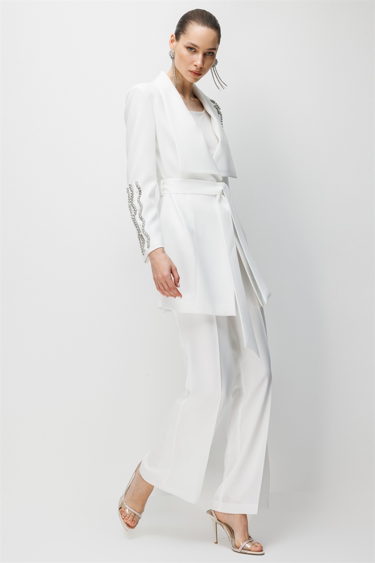 Modailgi  Omuz Kol İnci ve Taş Yapıştırma Detaylı Ceket - 45038 Ekru