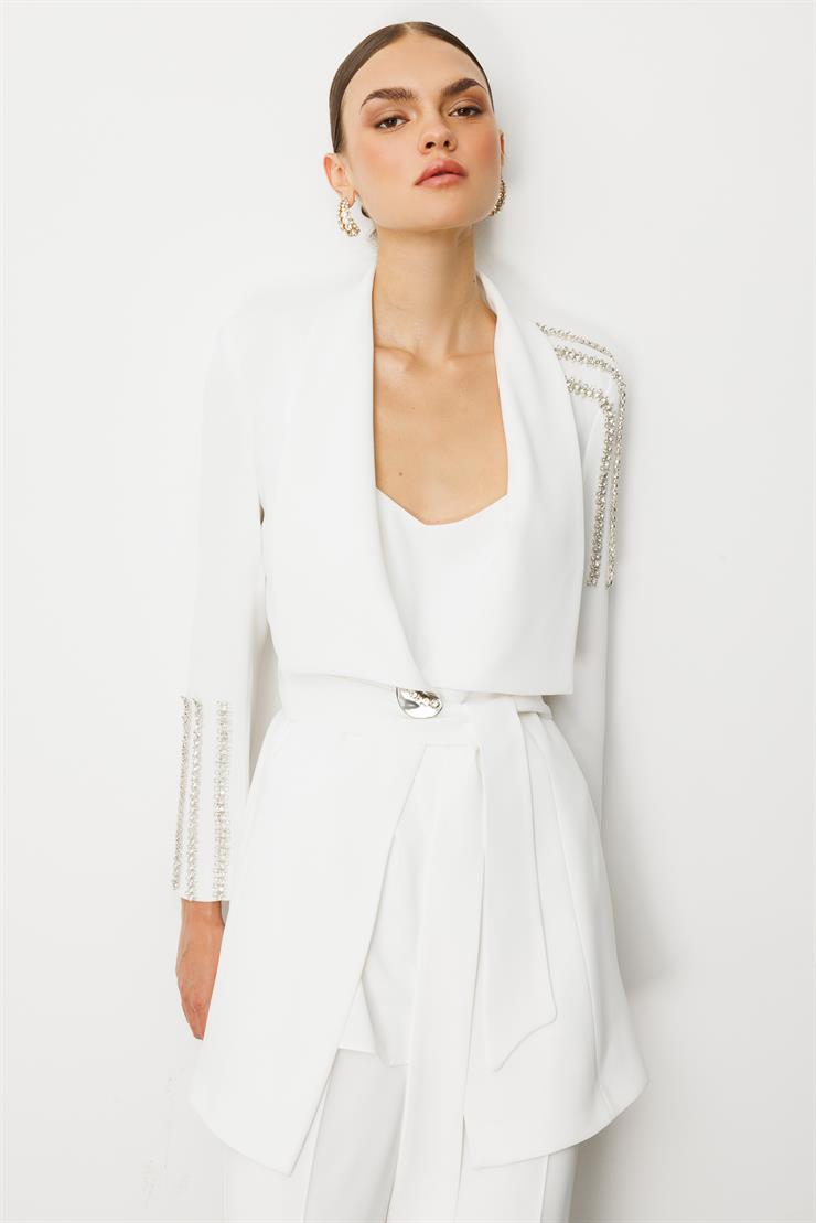 Modailgi  Omuz ve Kol Taş İşleme Detaylı Şal Yaka Kuşaklı Ceket Ekru