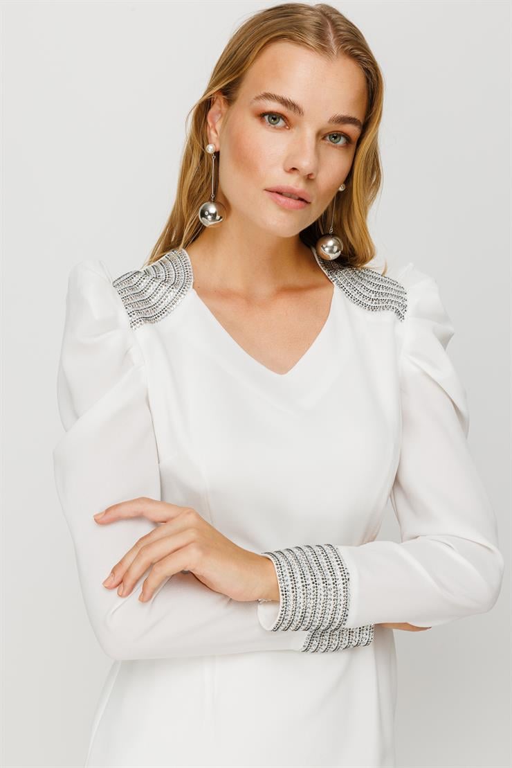 Modailgi  Omuz ve Kolları Taşlı Elbise Ekru