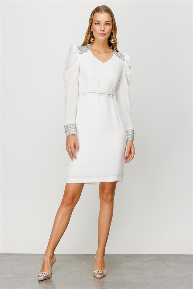 Modailgi  Omuz ve Kolları Taşlı Elbise Ekru