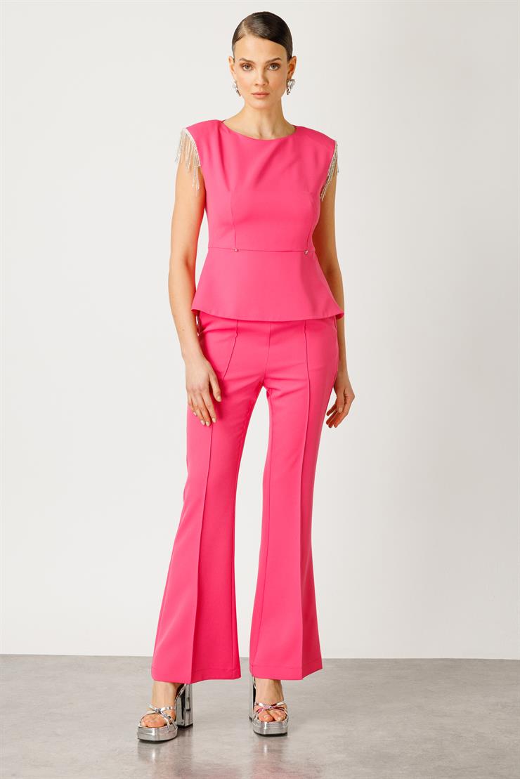 Modailgi  Omuzdan Taş Püsküllü Beli Zincir Detaylı Kolsuz Bluz Pembe