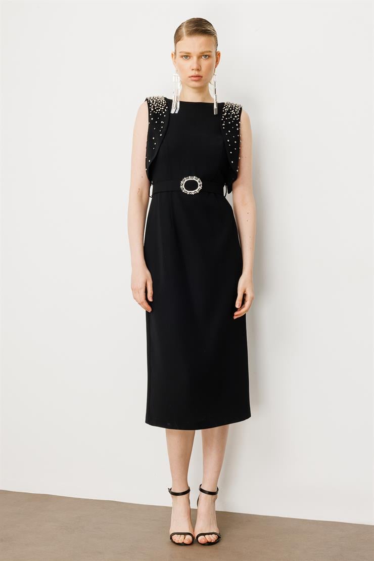 Modailgi  Omuzları İnci Detaylı Elbise Siyah